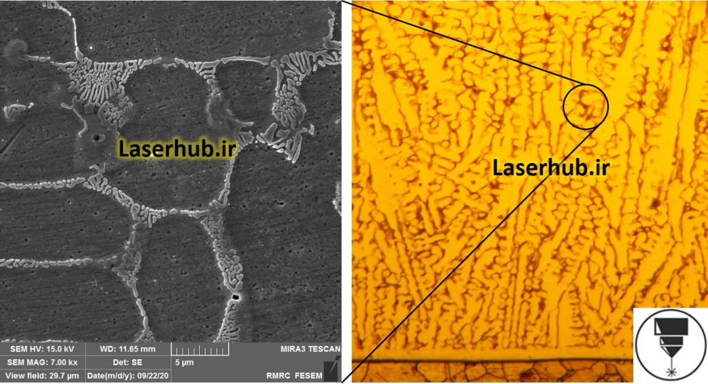 ریزساختار ناحیه روکش کاری لیزری با پودر استلایت 6 بر روی فولاد-دندریت های ستونی در ناحیه روکش کاری شده در تصویر راست با OM وبزرگنمایی بالا با میکروسکوپ SEM 